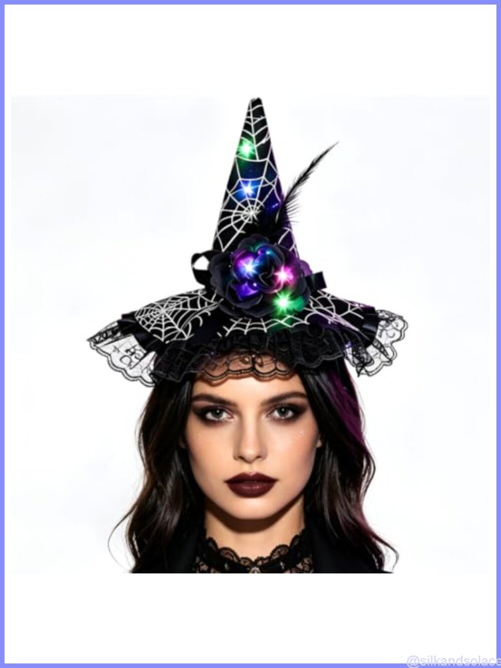 Witch Hat Headband Light Up Glitter Lace Feather Halloween Costume